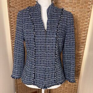 Women's CARLISLE Navy Black Tweed Zip Fringe Blazer Jacket size 8 Timeless